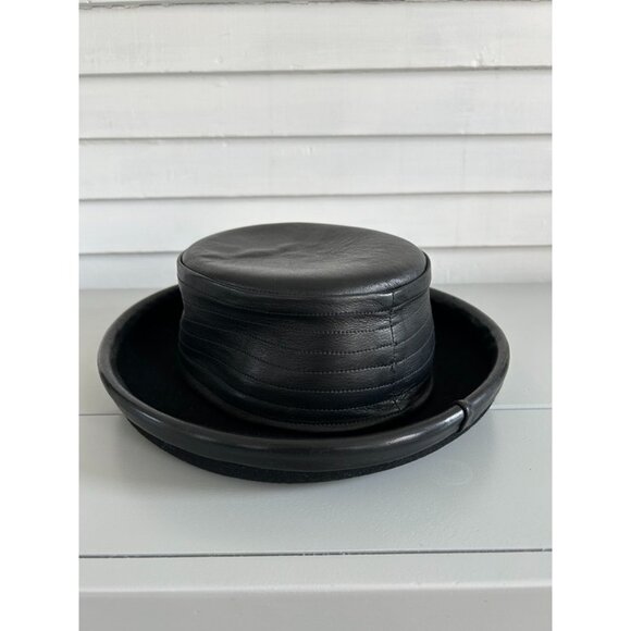 Kokin Womens Black Leather Trim Wool Avant Garde Round Crown Designer Hat - Picture 1 of 7